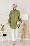 Beli Bağcık Detaylı Geniş Yaka Tunik-Yeşil
