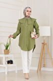 Beli Bağcık Detaylı Geniş Yaka Tunik-Yeşil