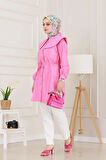 Beli Bağcık Detaylı Geniş Yaka Tunik-Pembe