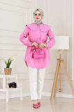 Beli Bağcık Detaylı Geniş Yaka Tunik-Pembe