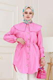 Beli Bağcık Detaylı Geniş Yaka Tunik-Pembe