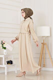 Yanları Bağlamalı Elbiseli Takım-Bej