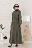 Kemerli Tensel Elbise-Haki