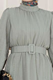 Kolu Volanlı Kemerli Henna Elbise-Mint Yeşili
