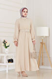 Kolu Volanlı Kemerli Henna Elbise-Bej