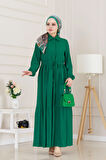 Gömlek Yaka Beli Tünelli Sare Elbise-Zümrüt Yeşili