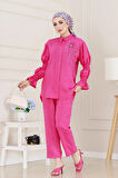 Önü Taşlı Kolu Lastikli İkili Takım-Fuşya