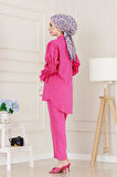 Önü Taşlı Kolu Lastikli İkili Takım-Fuşya