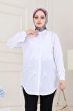 Önü Fiyonk Detaylı Keten Tunik-Beyaz