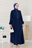Fermuarlı Cepkenli Jile Elbise-Lacivert