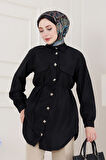 Cep Kapaklı Beli Bağcıklı Tunik-Siyah