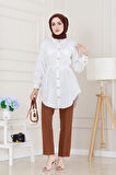 Cep Kapaklı Beli Bağcıklı Tunik-Beyaz