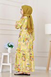 Etnik Desenli Kuşaklı Prenses Elbise-Sarı