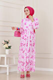 Yarım Düğmeli Lotus Elbise-Pembe