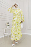 Yarım Düğmeli Lotus Elbise-Sarı