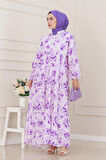 Kuşaklı Çiçekli Lina Elbise-Mor