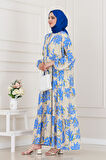 Mimoza Desenli Yarım Düğmeli Robalı Elbise-Mavi