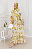 Mimoza Desenli Yarım Düğmeli Robalı Elbise-Sarı