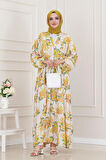 Mimoza Desenli Yarım Düğmeli Robalı Elbise-Sarı