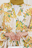 Mimoza Desenli Yarım Düğmeli Robalı Elbise-Sarı