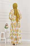 Mimoza Desenli Yarım Düğmeli Robalı Elbise-Sarı