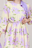 Mimoza Desenli Kuşaklı Prenses Elbise-Lila