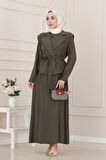 Yeleği Taş Detaylı Tensel Elbise-Haki