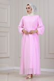 Beli Bağcıklı Pera Elbise-Pembe