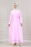 Beli Bağcıklı Pera Elbise-Pembe