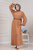 Yuvarlak Yaka Yağmur Elbise-Sütlü Kahve