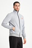 Gri Tam Fermuarlı Dik Yaka Armalı Erkek Sweatshirt