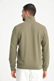 Yeşil Tam Fermuarlı Dik Yaka Armalı Erkek Sweatshirt