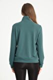 Koyu Yeşil Tam Fermuarlı Nakışlı Dik Yaka Kadın Sweatshirt