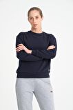 Koyu Lacivert  Basic Bisiklet Yaka Armalı Kadın Sweatshirt