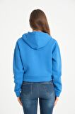 Mavi V Yaka Kapüşonlu Kadın Sweatshirt
