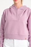 Lila V Yaka Kapüşonlu Kadın Sweatshirt