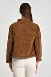 Kahve Tek Düğmeli Kadın Peluş Ceket