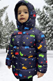 Erkek Çocuk Polarlı Kapüşonlu Araba Yıldız Ay Desenli Kışlık Şişme Mont & Kaban & Parka