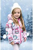 Kız Çocuk Polarlı Kürklü Kapüşonlu Şeker Desenli Kışlık Şişme Mont & Kaban & Parka