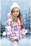 Kız Çocuk Polarlı Kürklü Kapüşonlu Şeker Desenli Kışlık Şişme Mont & Kaban & Parka