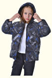 Kız Çocuk Dijital Desen Polar Su Ve Rüzgar Geçirmez Kapüşonlu Şişme Kışlık Mont