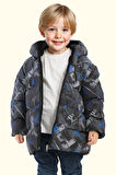 Erkek Çocuk Dijital Desen Polar Su Ve Rüzgar Geçirmez Kapüşonlu Şişme Kışlık Mont