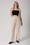 Kadın Bej Kemerli Yüksek Bel İspanyol Paça Pantolon