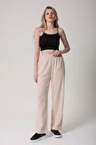 Kadın Bej Kemerli Yüksek Bel İspanyol Paça Pantolon