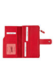 Kırmızı Fermuarlı Bölümlü Bol Kartlıklı Kağıt para Bölümlü Uzun Çıtçıt Kapamalı Kadın Deri Cüzdan