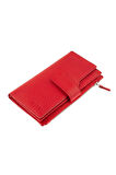 Kırmızı Fermuarlı Bölümlü Bol Kartlıklı Kağıt para Bölümlü Uzun Çıtçıt Kapamalı Kadın Deri Cüzdan