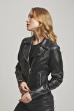 Hakiki Deri Siyah Biker Edith  Kadın Mont