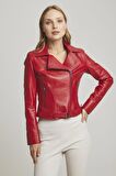 Kırmızı Ella Kadın Fermuarlı Biker Motorcu Kemerli Kısa Hakiki Deri Mont