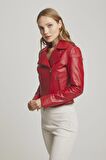 Kırmızı Ella Kadın Fermuarlı Biker Motorcu Kemerli Kısa Hakiki Deri Mont