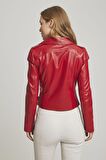 Kırmızı Ella Kadın Fermuarlı Biker Motorcu Kemerli Kısa Hakiki Deri Mont